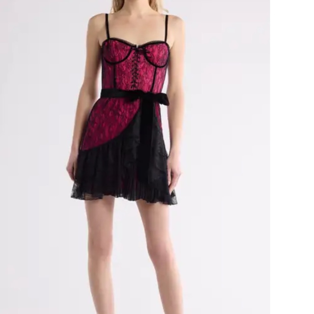 Alice & Olivia Chantil Elegant Black and wild pink Lace Bustier mini Dress
